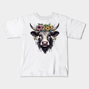 Black Cow with Flowers #5 Kids T-Shirt